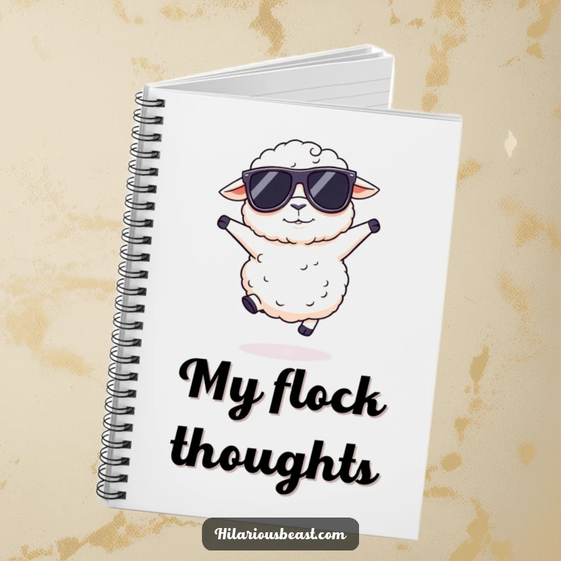 Funny fluffy sheep notebook with a sheep wearing oversized sunglasses, doing a silly hop, ready to record your brilliant ideas.