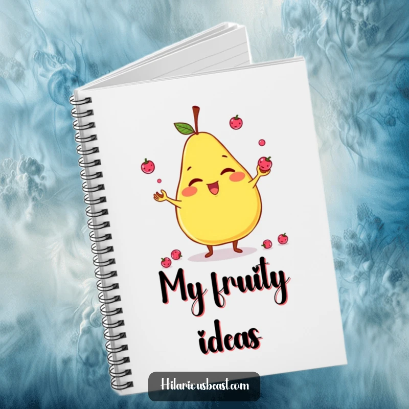 Funny notebook featuring a giggling, slightly lopsided pear character juggling tiny berries, perfect for jotting down humorous notes.