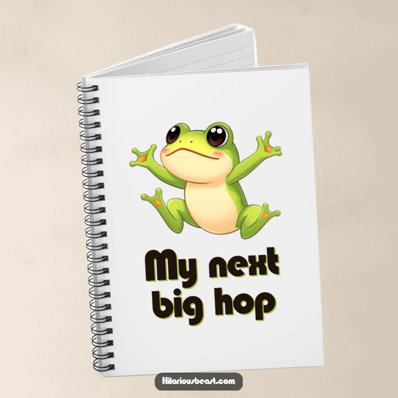 Funny frog notebook for jotting notes, featuring a small green frog leaping with a surprised expression. Perfect for journaling, sketching, and lovers of funny stationery.