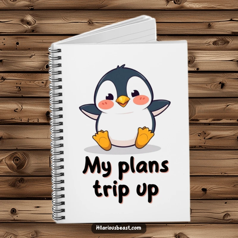 Funny penguin notebook design of a clumsy penguin tripping with a surprised expression, ready to capture notes with humor.