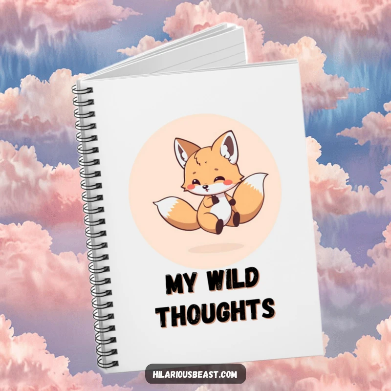 Funny notebook cover with a small, round fox cub energetically chasing its tail in a circle, perfect for jotting down energetic thoughts.