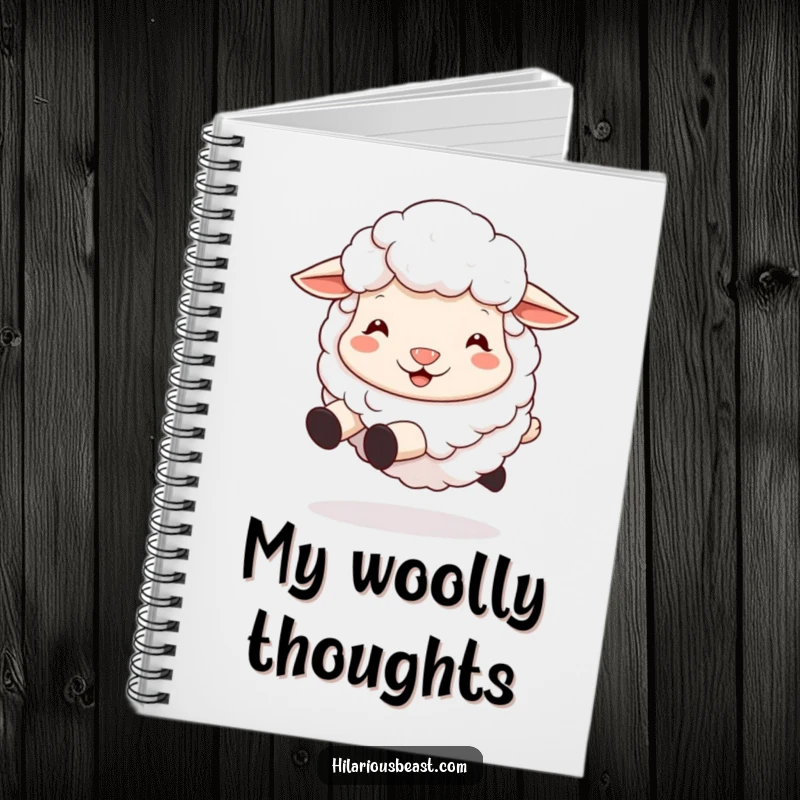 Funny sheep notebook with a fluffy sheep's silly grin and bouncing hooves, perfect for journaling or notes.