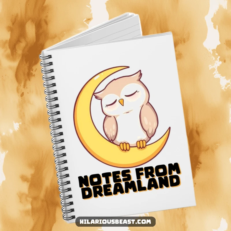 Funny owl notebook with a charming illustration of a sleepy owl dozing on a crescent moon, great for notes.