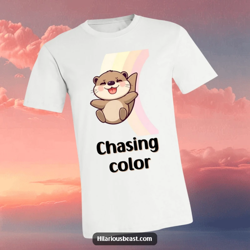 Funny Otter T-Shirt: Features a grinning otter joyfully sliding down a colorful rainbow.