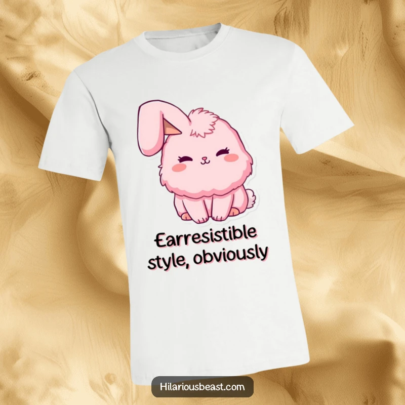 Funny fluffy pink bunny t-shirt featuring one ear flopped adorably, exuding sweetness and subtle humor. A charming funny apparel.