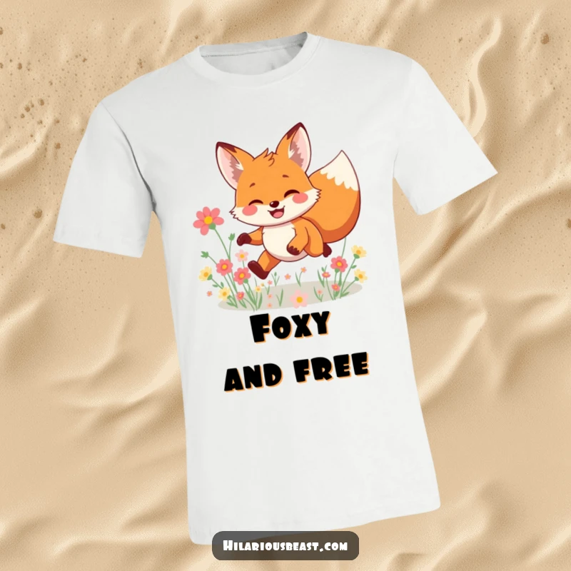 Funny smiling fox t-shirt, a character leaping joyfully through a field of flowers, showcasing a vibrant, happy, and adventurous vibe for a humorous gift.