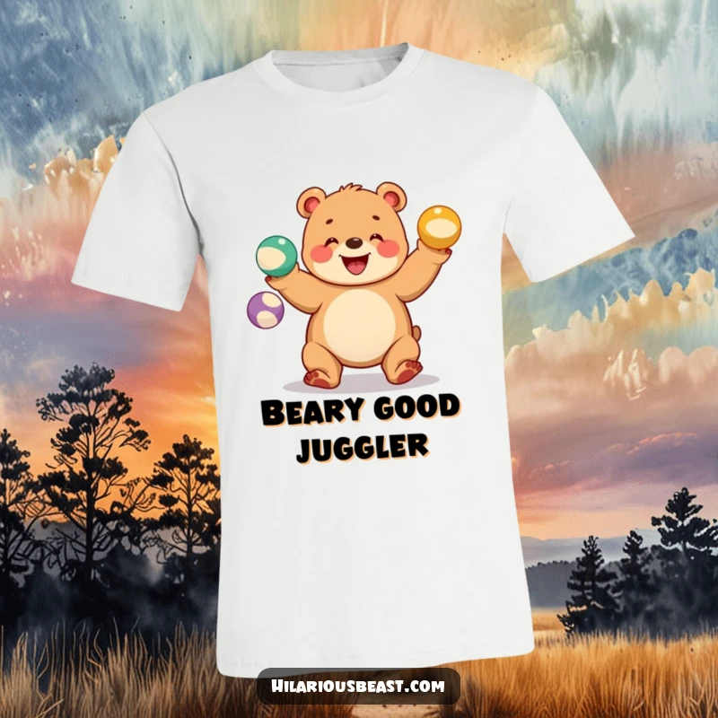 Funny bear cub t-shirt depicting a chubby cub juggling three colorful balls with a wide grin, showcasing playful talent.