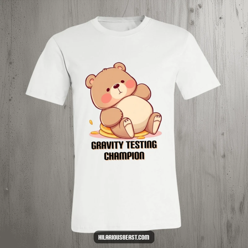 Funny bear t-shirt, a chubby bear tripping playfully, causing a stack of pancakes to go comically askew, exuding clumsy joy.