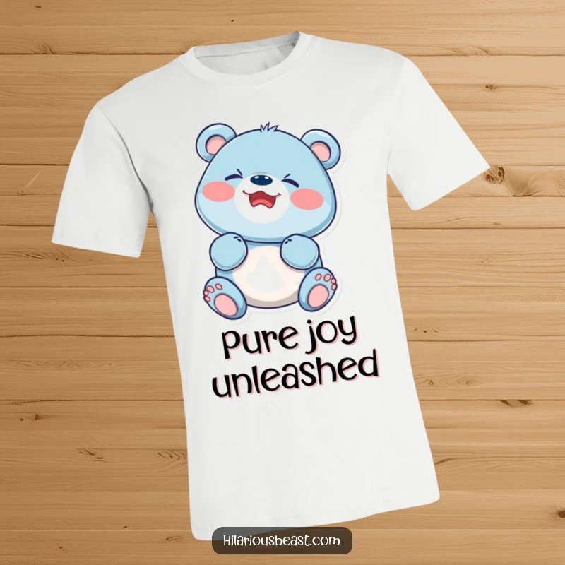 Funny blue bear cub with a scrunched face, captured mid-giggle, expressing pure, unadulterated joy on a t-shirt.