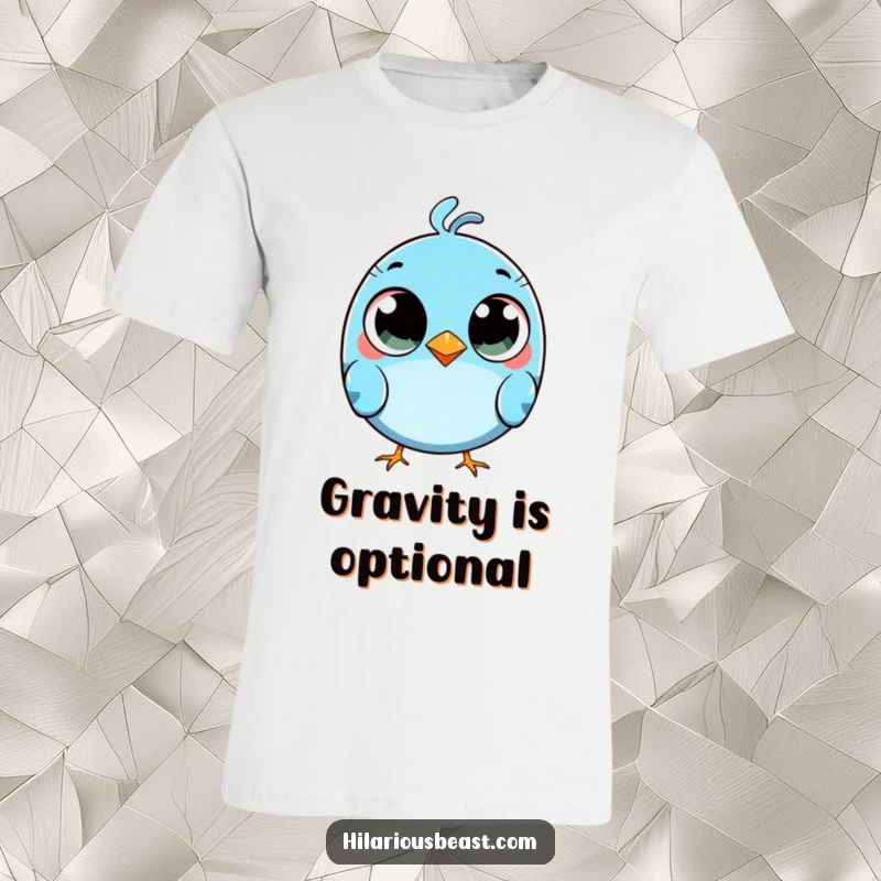 Funny round blue bird t-shirt with comically wide eyes, mid-trip, capturing a moment of surprise.