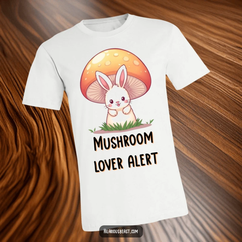 Funny t-shirt featuring a fluffy bunny cautiously peeking out from behind a large, brightly colored mushroom in a whimsical setting.