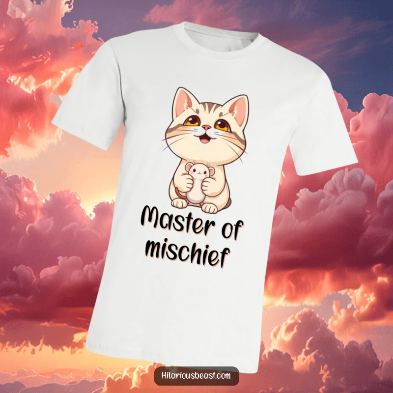 Funny cat with a mischievous grin holding a tiny mouse toy on a t-shirt, ideal for a humorous and witty funny gift.