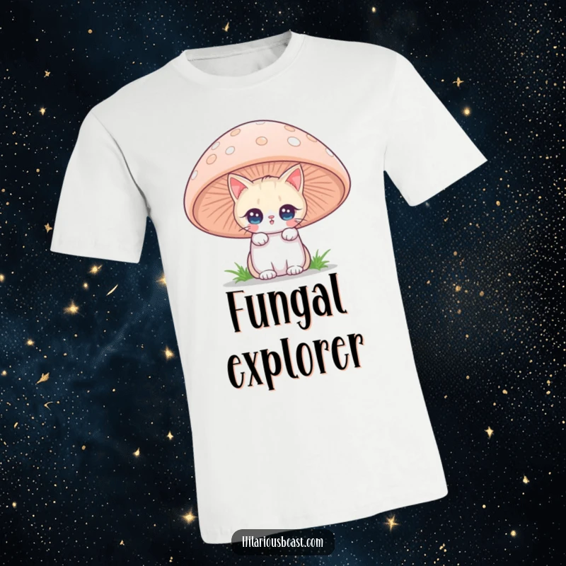 Funny cat with twinkling eyes peeking from behind a giant mushroom on a t-shirt, ideal for a whimsical funny gift.