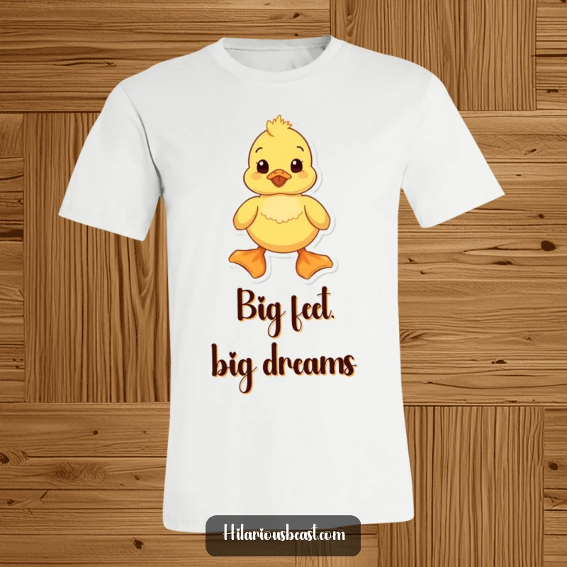Funny duckling t-shirt featuring a waddling duckling with comically large feet, expressing pure joy. Great for animal lovers seeking funny and unique apparel.