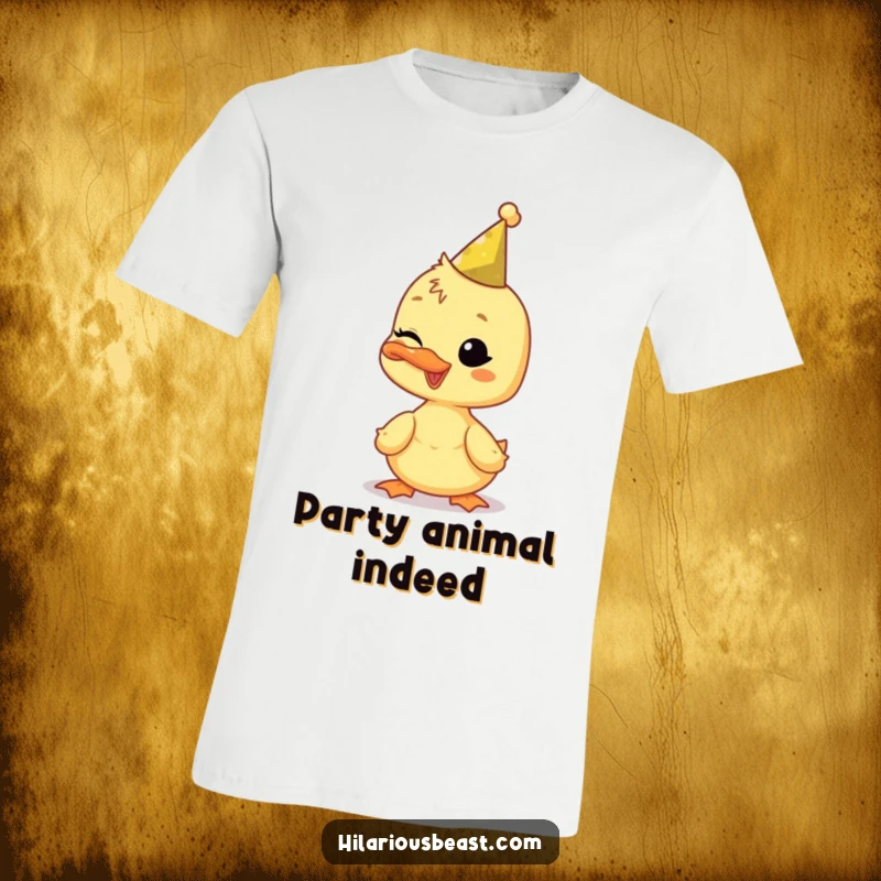 Funny duckling t-shirt, wearing a tiny party hat and winking, perfect for festive occasions and casual fun.