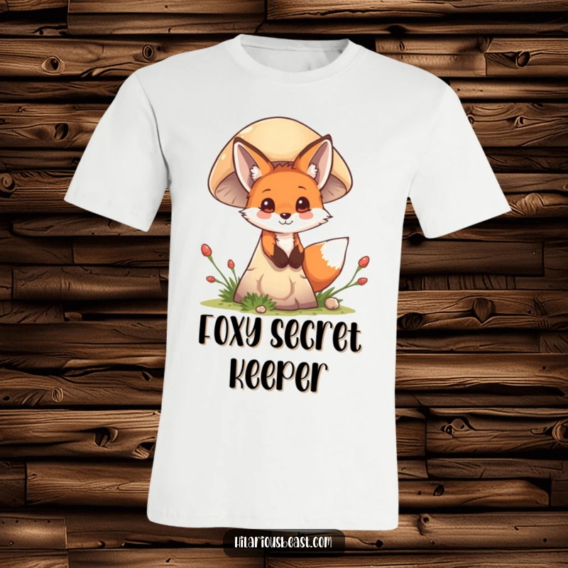 Funny mischievous fox cub peeking from behind a giant mushroom, printed on a t-shirt, capturing a moment of playful intrigue.