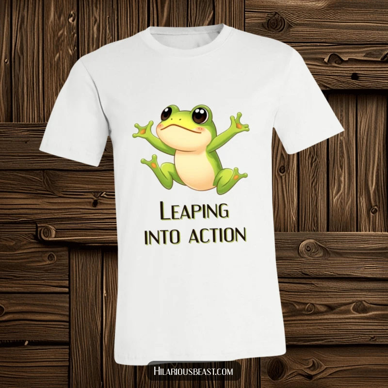 Funny frog t-shirt with a small green frog caught mid-leap with a wide-eyed, surprised expression. Great for fans of funny, action-packed animal shirts.