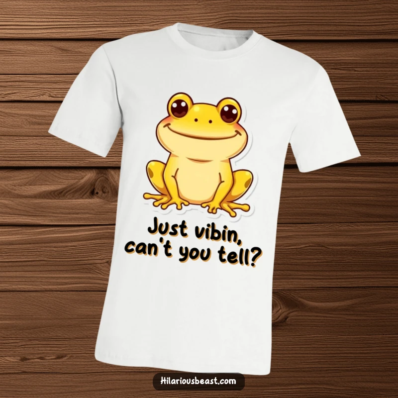 Funny yellow frog t-shirt featuring a wide, goofy grin, capturing a moment of pure joy and silliness. A must-have funny item.