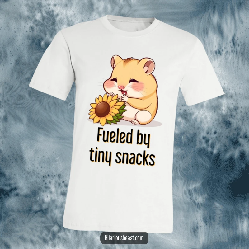 Funny hamster cub munching a sunflower seed, content and cute, funny t-shirt.