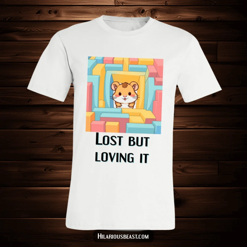 Funny hamster t-shirt featuring a cute hamster peeking from a colorful maze, symbolizing exploration and fun.