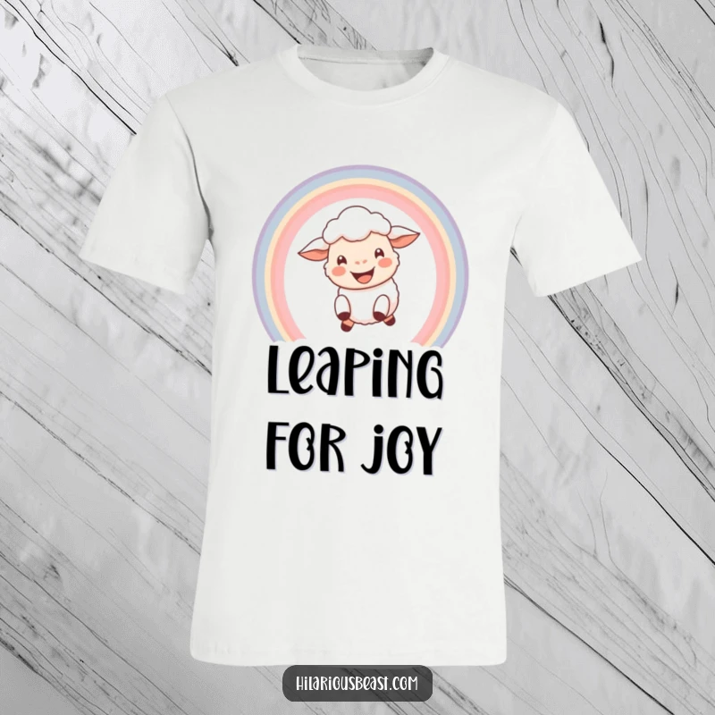 Funny t-shirt graphic of a small, happy sheep with an enormous grin, mid-leap through a dazzling rainbow arc, radiating pure joy.