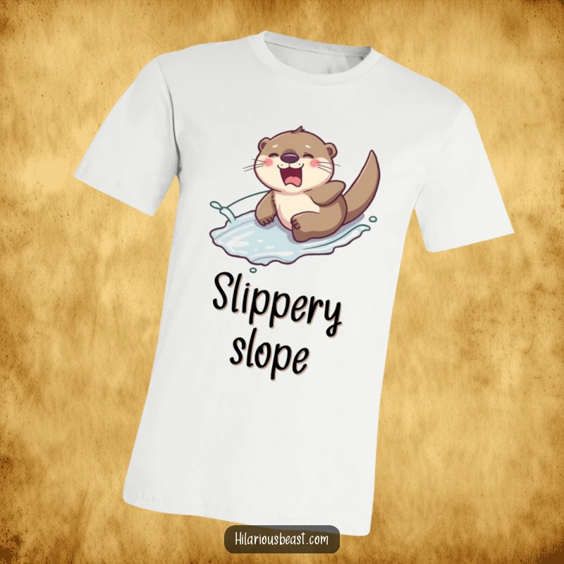 Funny giggling otter sliding down a slippery hill with a splash of water, printed on a t-shirt, capturing a moment of pure, watery fun.