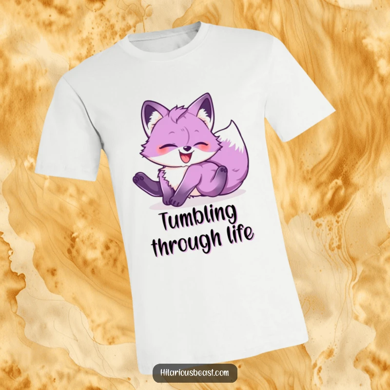 Funny purple fox cub caught mid-tumble, head over heels with absolute glee, printed on a fun t-shirt.
