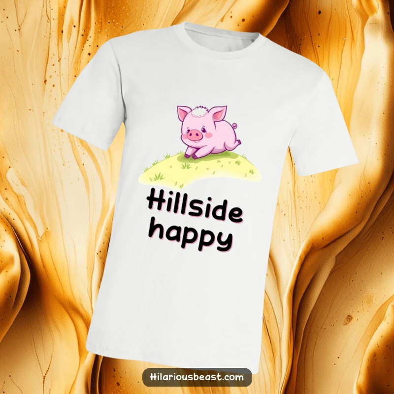 Funny purple piglet t-shirt, a cheerful piglet joyfully rolling down a grassy hill, embodying pure, unadulterated fun.
