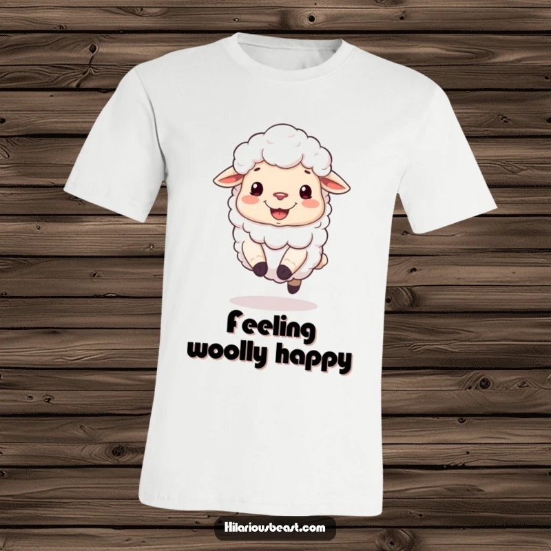 Funny t-shirt with a fluffy sheep sporting a silly grin, joyfully bouncing on its hooves.