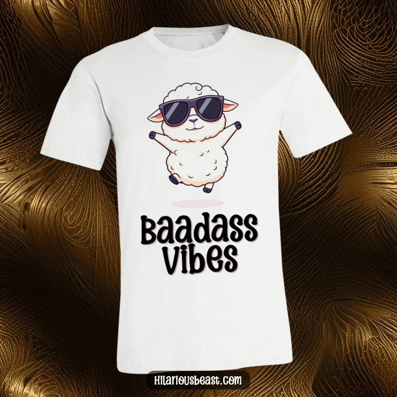 Funny fluffy sheep t-shirt wearing oversized sunglasses, doing a silly hop, showcasing a fun-loving and effortlessly cool character.