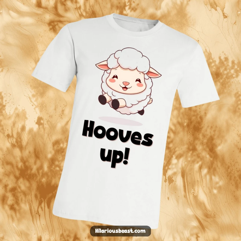 Funny sheep t-shirt showcasing a fluffy sheep with a wide silly grin, joyfully bouncing on its hooves.