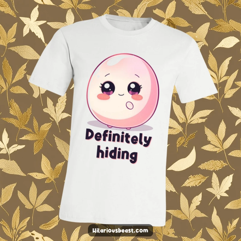 Funny t-shirt with a shy blob, sparkly eyes, hiding behind a giant, wiggling jellybean, depicting a playful yet bashful character.