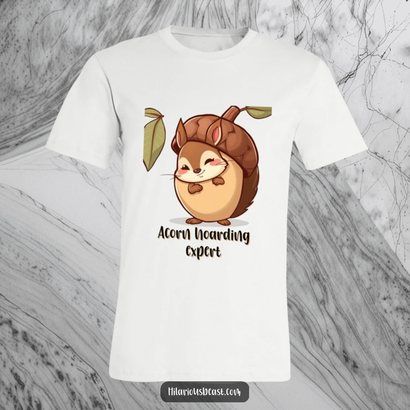 Funny T-Shirt showing a bashful squirrel hiding behind a giant acorn, sporting a sly, confident smirk.