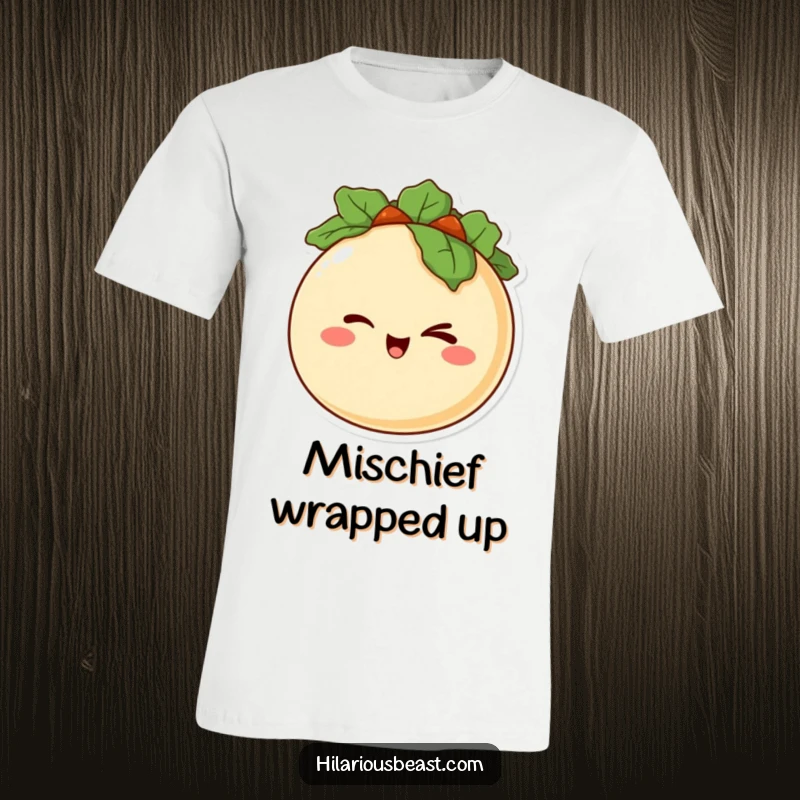 Funny t-shirt featuring a happy, round taco character with a mischievous grin, winking slyly, radiating playful taco vibes.