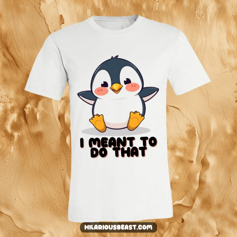 Funny penguin t-shirt illustrating a clumsy bird tripping with a shocked expression, embodying relatable, humorous mishap.