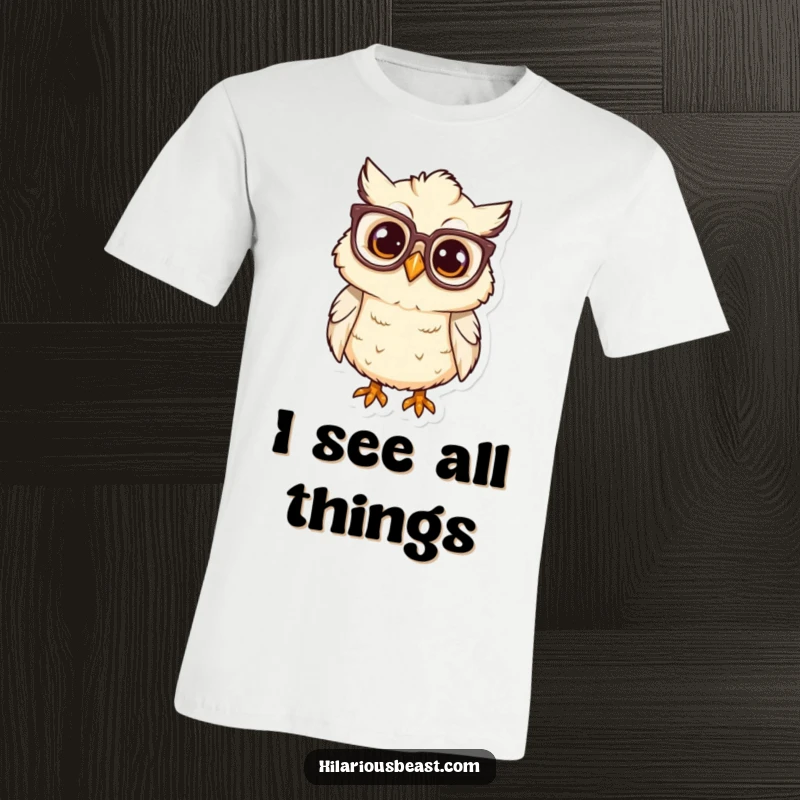 Funny owl chick with oversized glasses tilting head, looking curious, wearing a funny tee.