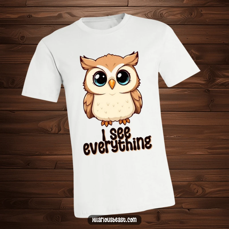 Funny T-Shirt depicting a curious owl tilting its head, large, sparkling eyes wide with wonder and a hint of mischief.