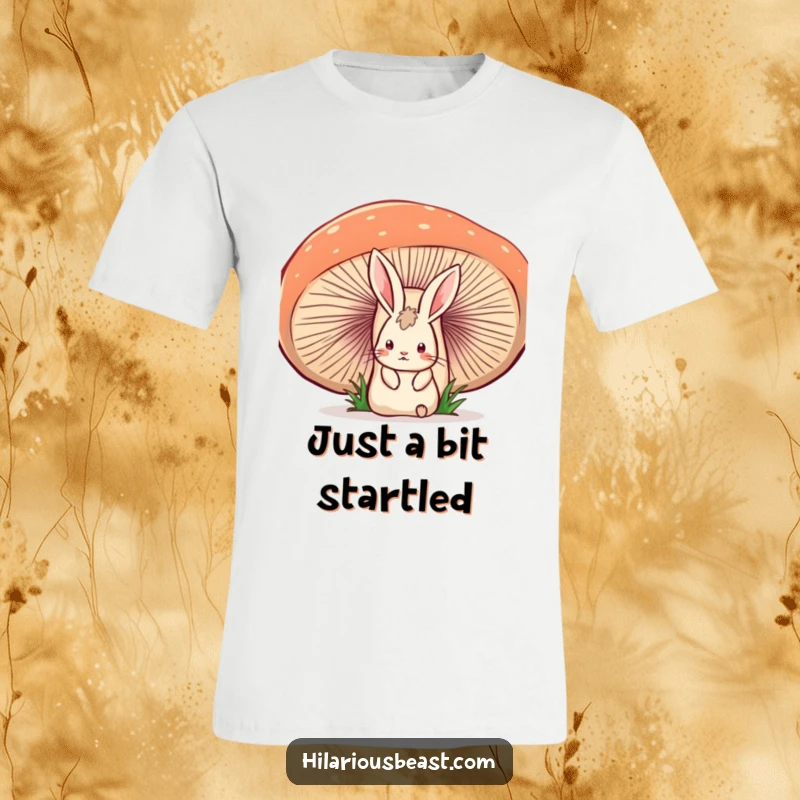 Funny T-Shirt: A startled rabbit pops out from behind a comically large, wobbly mushroom, expressing shock and surprise.