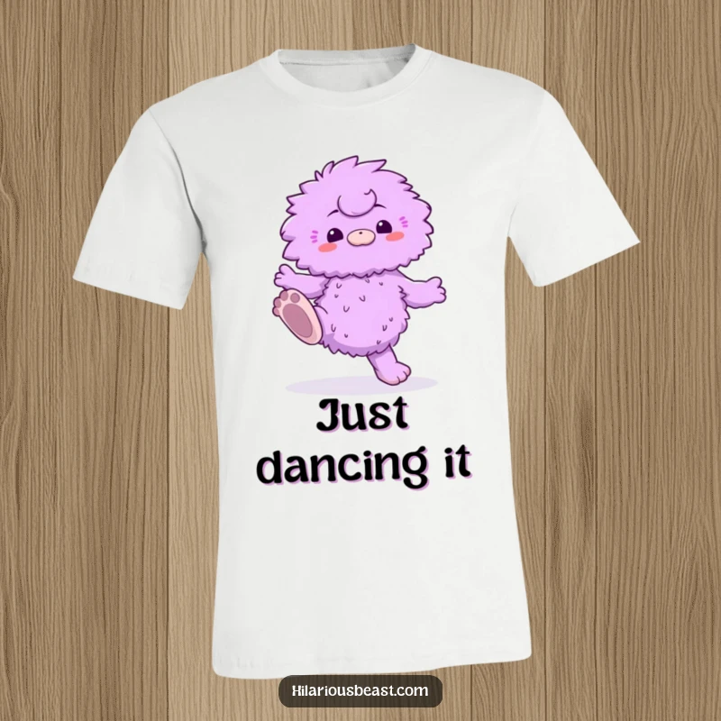 Funny t-shirt showcasing a fluffy purple creature performing a silly dance with comically oversized feet, perfect for spreading cheer.