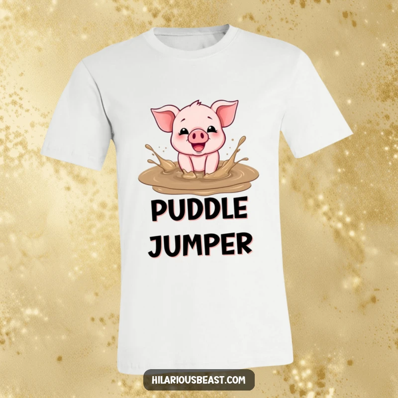 Funny T-Shirt showing a happy piglet joyfully splashing and playing in a muddy puddle with infectious glee.
