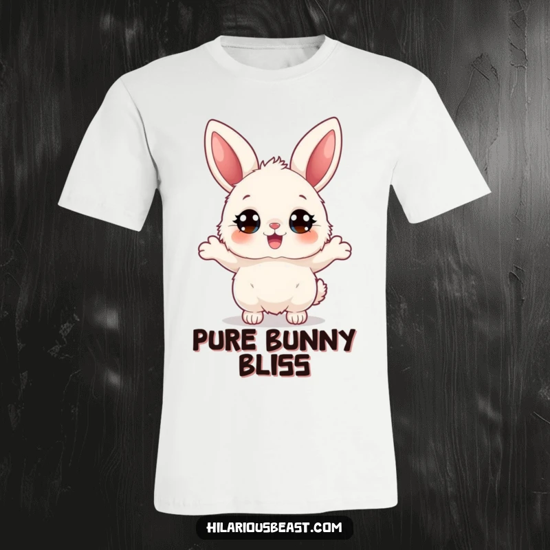 Funny fluffy bunny t-shirt, a character with big eyes bouncing joyfully, showcasing an adorable, energetic, and happy vibe for a humorous gift.