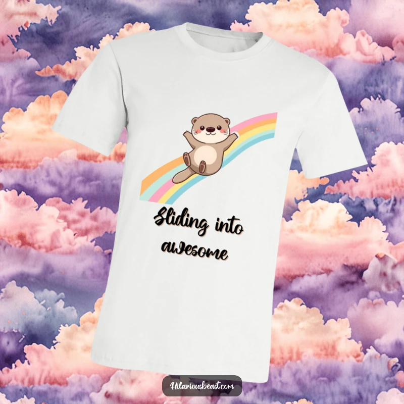 Funny otter t-shirt depicting a cute otter mid-slide down a colorful rainbow, arms gracefully balancing, radiating pure, unadulterated fun.