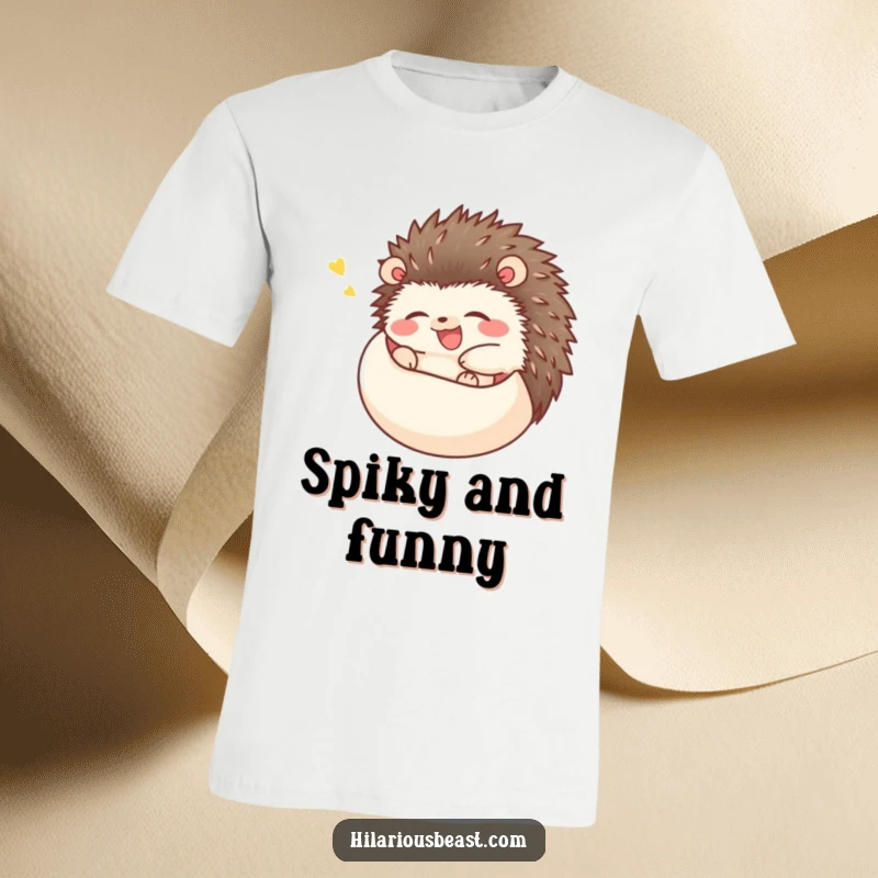 Funny happy hedgehog t-shirt, a hedgehog rolling into a ball and giggling uncontrollably, a cute and humorous design