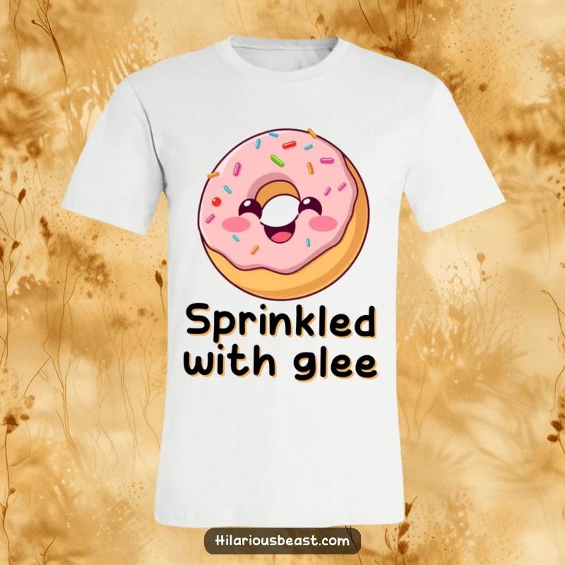 Funny t-shirt featuring a cheerful, round donut with sprinkles bouncing energetically, radiating infectious happiness and fun.