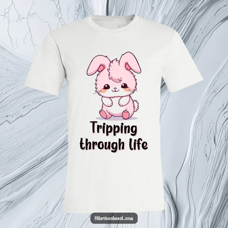 Funny t-shirt featuring a fluffy pink bunny comically tripping over its own ears, a playful funny gift.