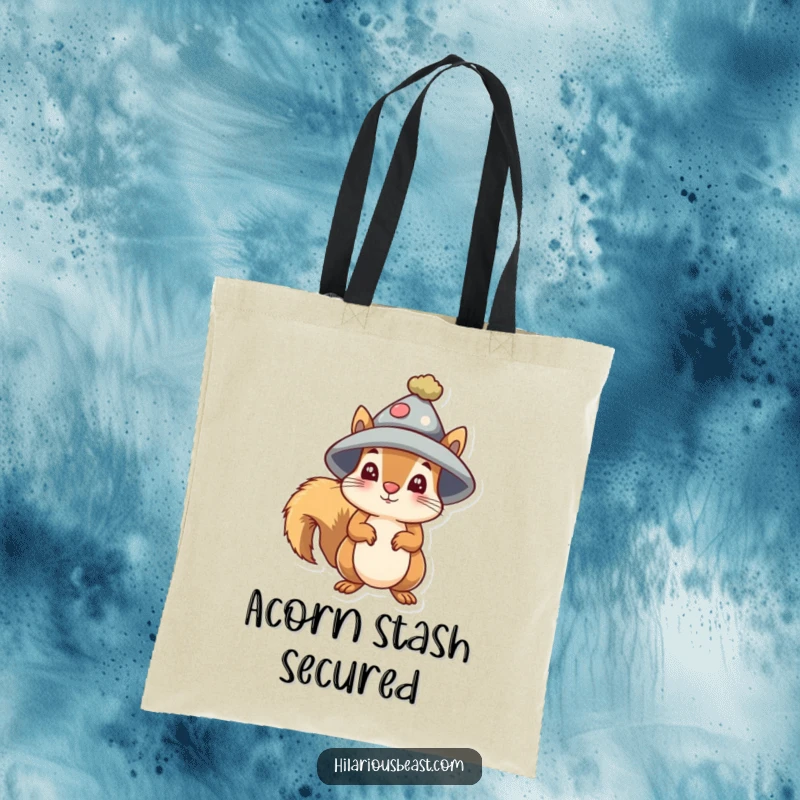 Funny small squirrel tote bag wearing a silly oversized hat, looking comically bewildered.