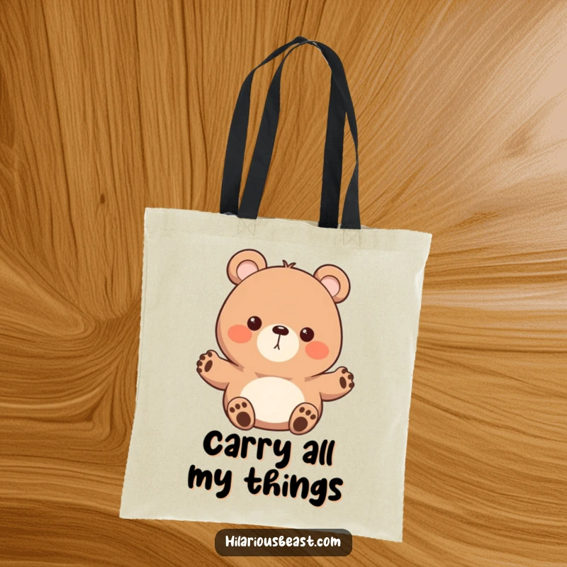 Funny round bear tote bag showcasing a character with tiny paws waving enthusiastically, perfect for daily use and spreading friendly, humorous cheer.