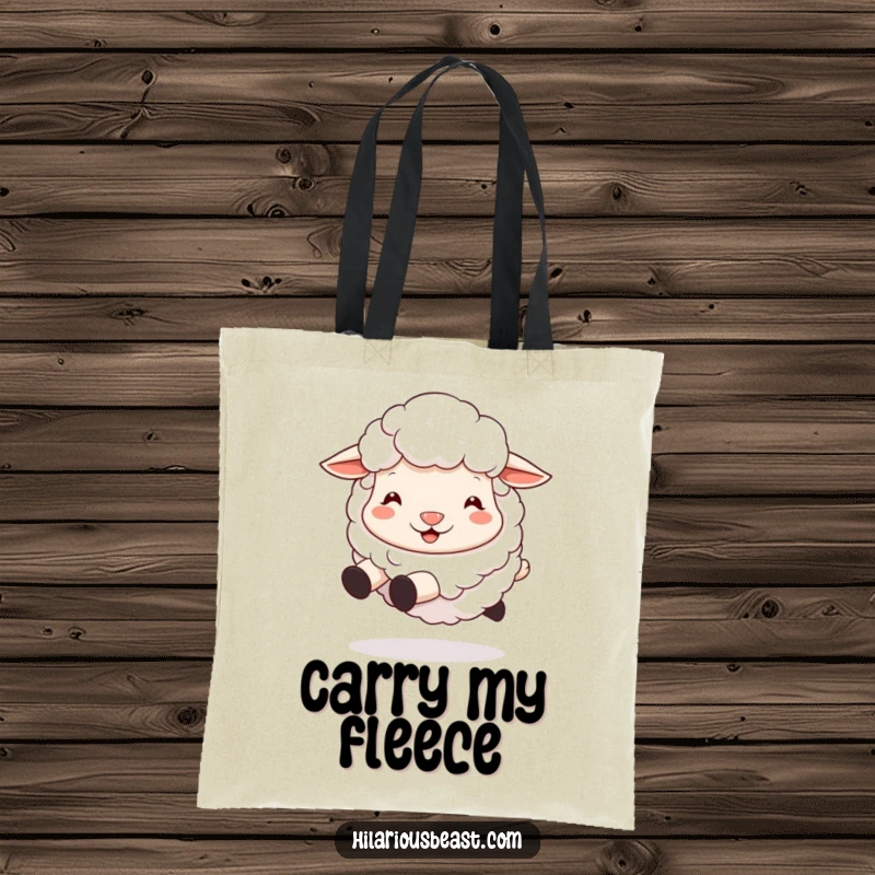 Funny sheep tote bag with a fluffy sheep's silly grin and bouncing hooves, designed for laughter and carrying essentials.