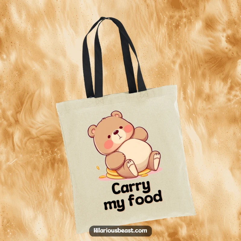Funny bear tote bag, a chubby bear tripping playfully with pancakes askew, ready for grocery runs and breakfast adventures.