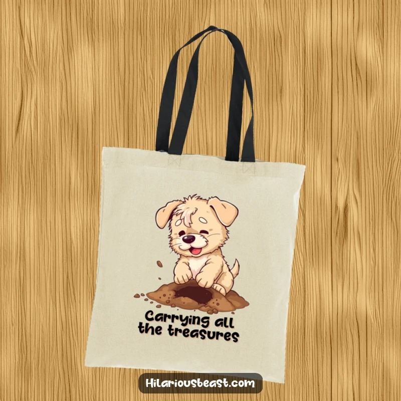 Funny scruffy puppy tote bag, showing an energetic dog digging a hole with dirt flying everywhere.